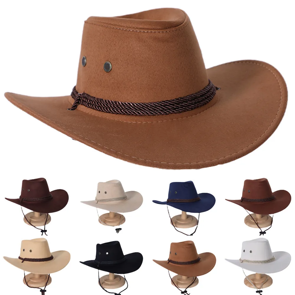 Cappello Da Cowboy Occidentale In Feltro Scamosciato A Tesa Larga Vintage Retro Fedora Con Corda Intrecciata E Cinturino Regolabile