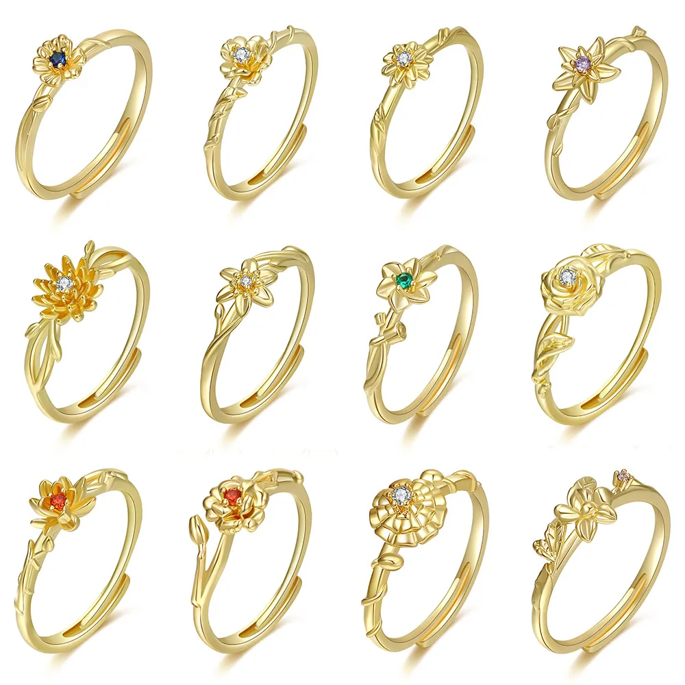 Flower Ring Copper Zircon Birth Month Floral Adjustable Opening Vine Texture Simple Elegant Jewelry For Women