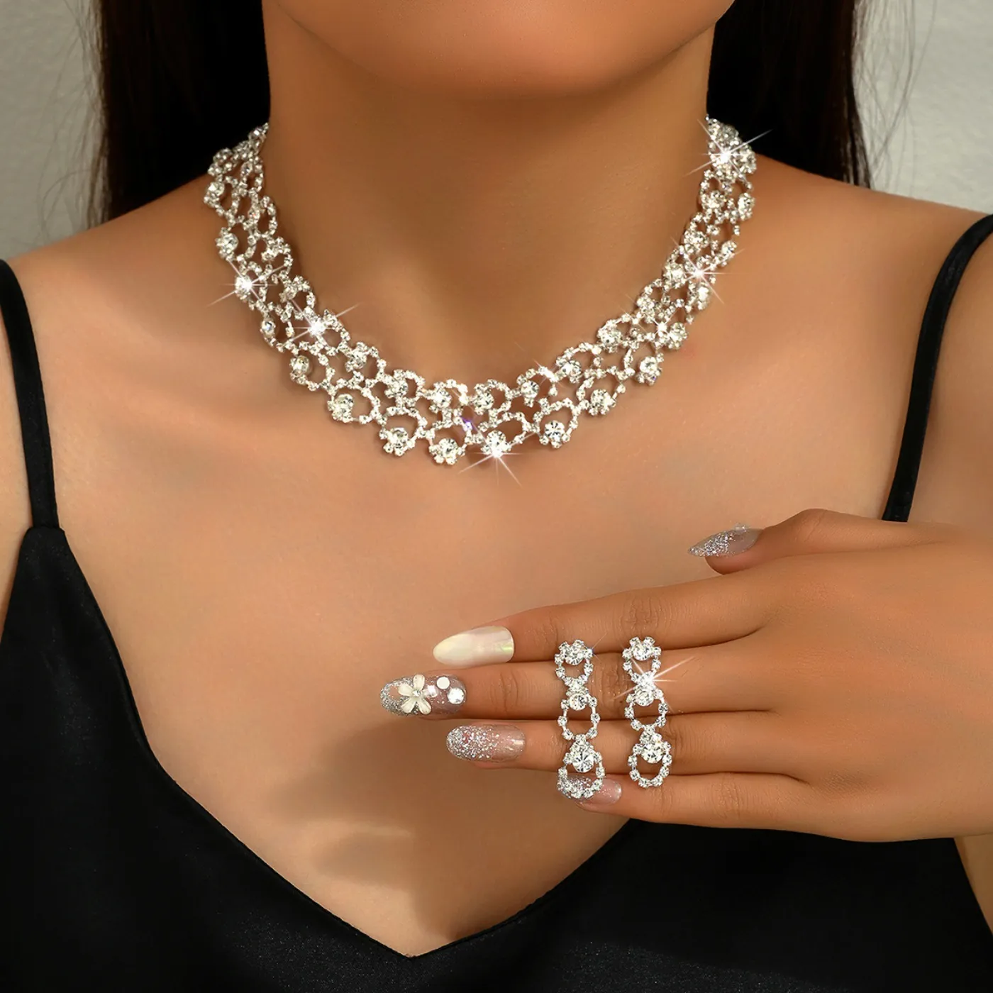Necklace And Earring Jewelry Alloy Shiny Rhinestone Hollow Geometric Bridal Wedding Party Elegant For Women
