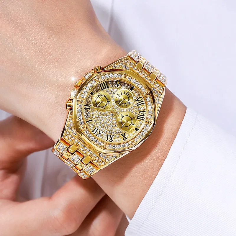 Luxury Men Quartz Watch Fully Iced Out Rhinestone Octagonal Bezel Roman Numerals Decorative Dial Business Casual Hip Hop