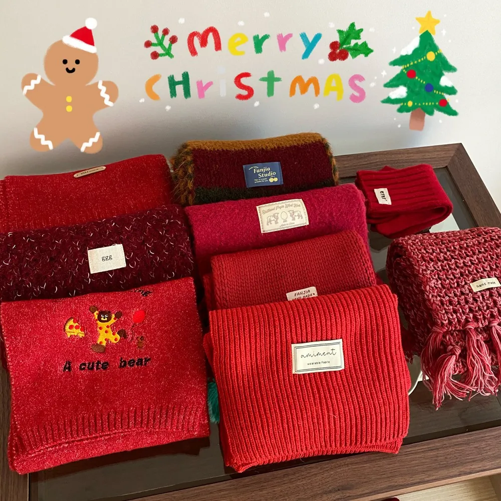 Bufanda De Punto De Lana Roja Cálida Y Gruesa Para Mujer Mitones Bordado De Oso Borlas Bufanda Regalo Navidad Año Nuevo