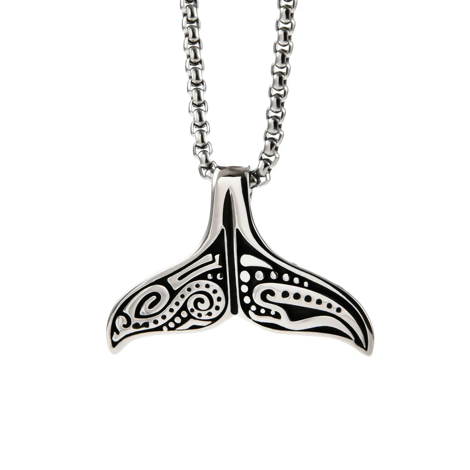 Whale Tail Pendant Necklace Alloy Engraved Totem Viking Punk Retro Style Unisex Streetwear Jewelry
