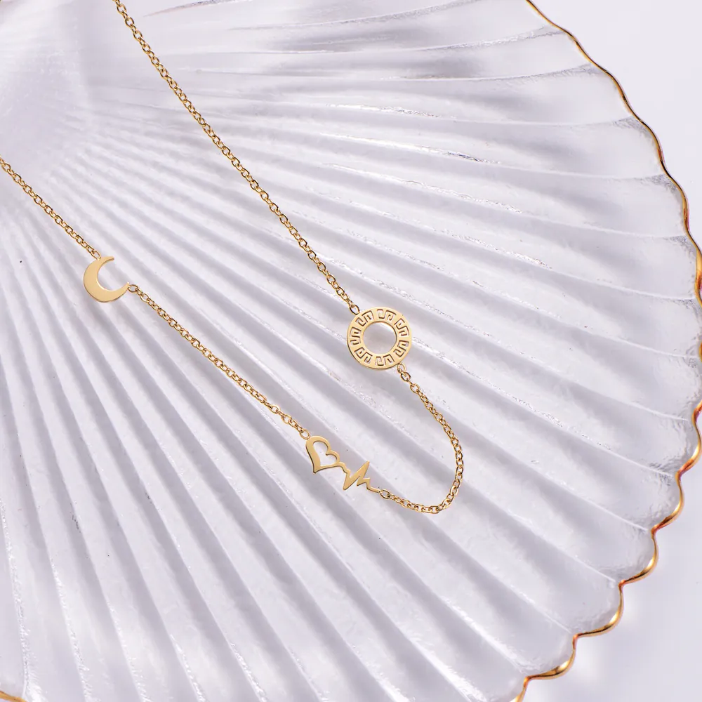 316L Stainless Steel Necklace 18K Gold Plated Heart Heartbeat ECG Moon Greek Key Circle Pendant For Women Retro Minimalist