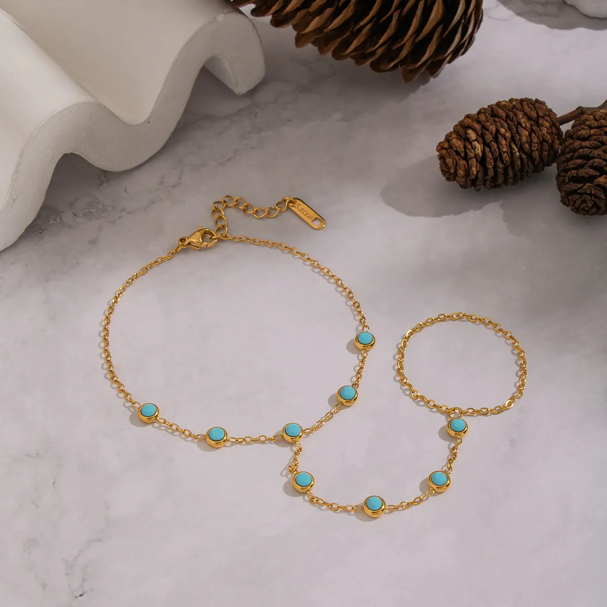 Bracciale Da Mano Con Turchese E Anello Placcato Oro 18K Acciaio Inossidabile Gioielli Boho Vintage Donna Impermeabile