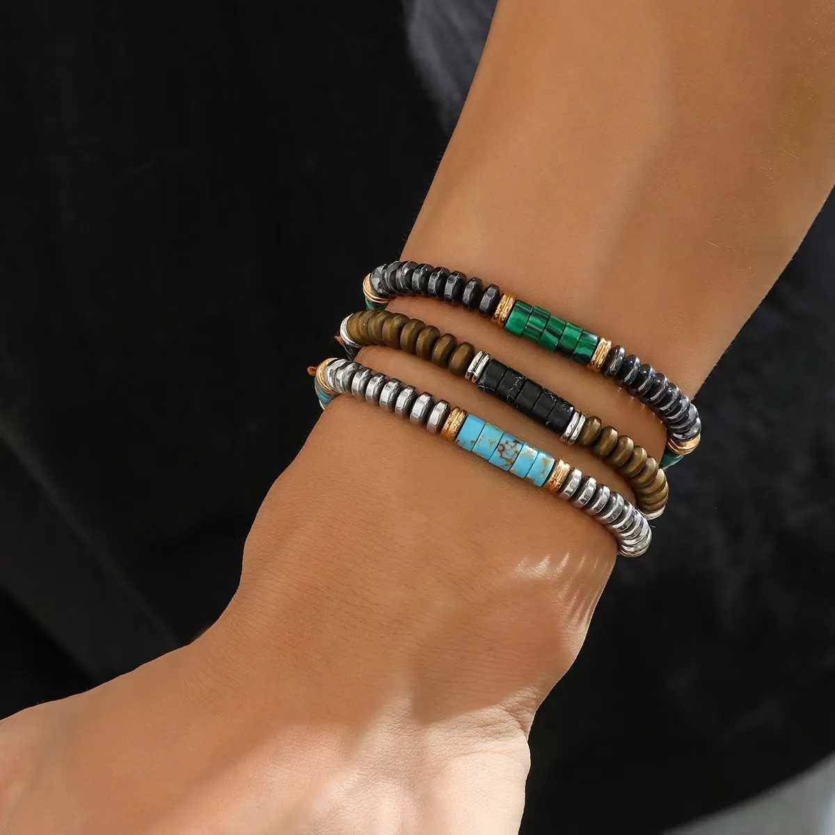 Handmade Beaded Bracelet Hematite Turquoise Malachite Stone Adjustable Braided Rope Ethnic Vintage Jewelry For Men Women