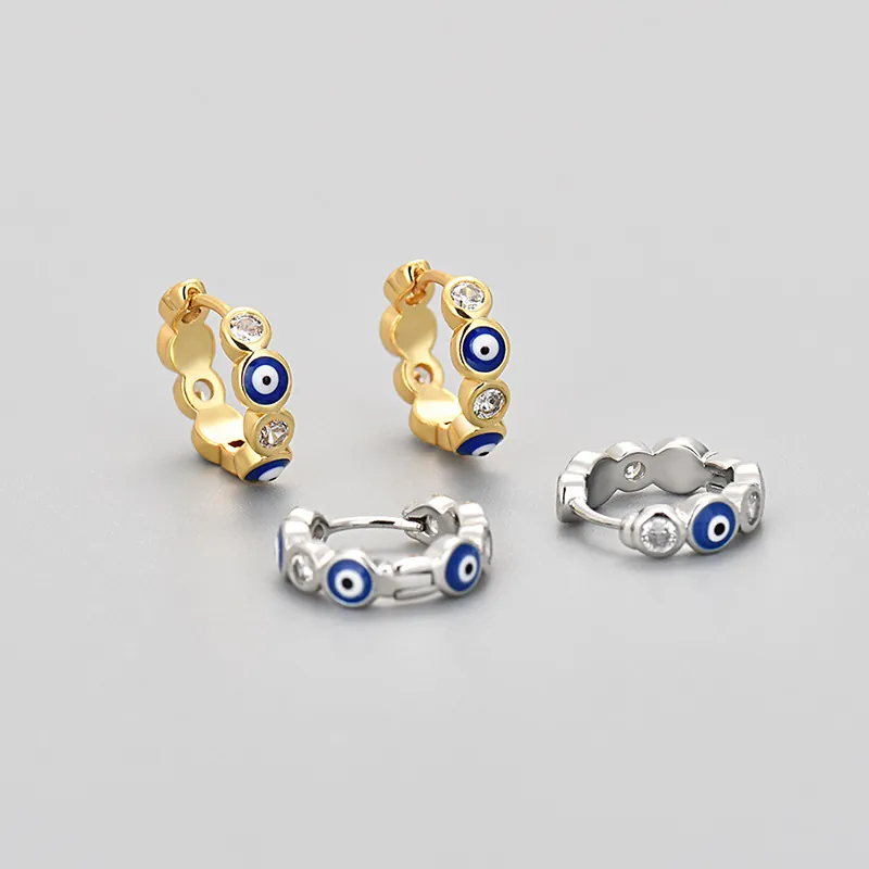 Evil Eye Rectangular Huggie Hoop Earrings Copper Blue Enamel Zircon Inlaid Protective Nazar Charm For Women
