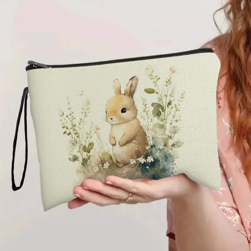 Easter Bunny Linen Cosmetic Makeup Bag Zippered Organizer With Wrist Strap Portable Toiletry Pouch Stationery Case