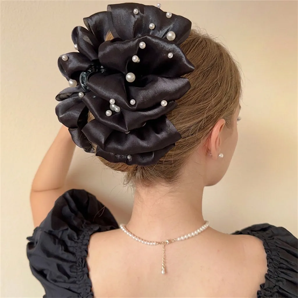 Grande Molletta Per Capelli Raso Rete Fiocco Con Künstliche Perle Elegante Oversize Stile Francese Fiore Shark Clip Donna