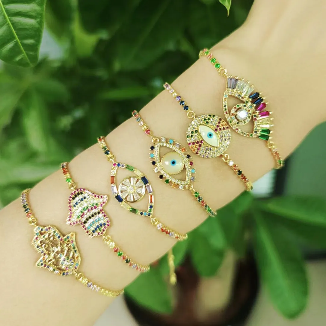 Bracelet Main De Hamsa Mauvais Oeil Cuivre Plaqué Or Zircone Cubique Colorée Chaîne Coulissante Bijoux Femme