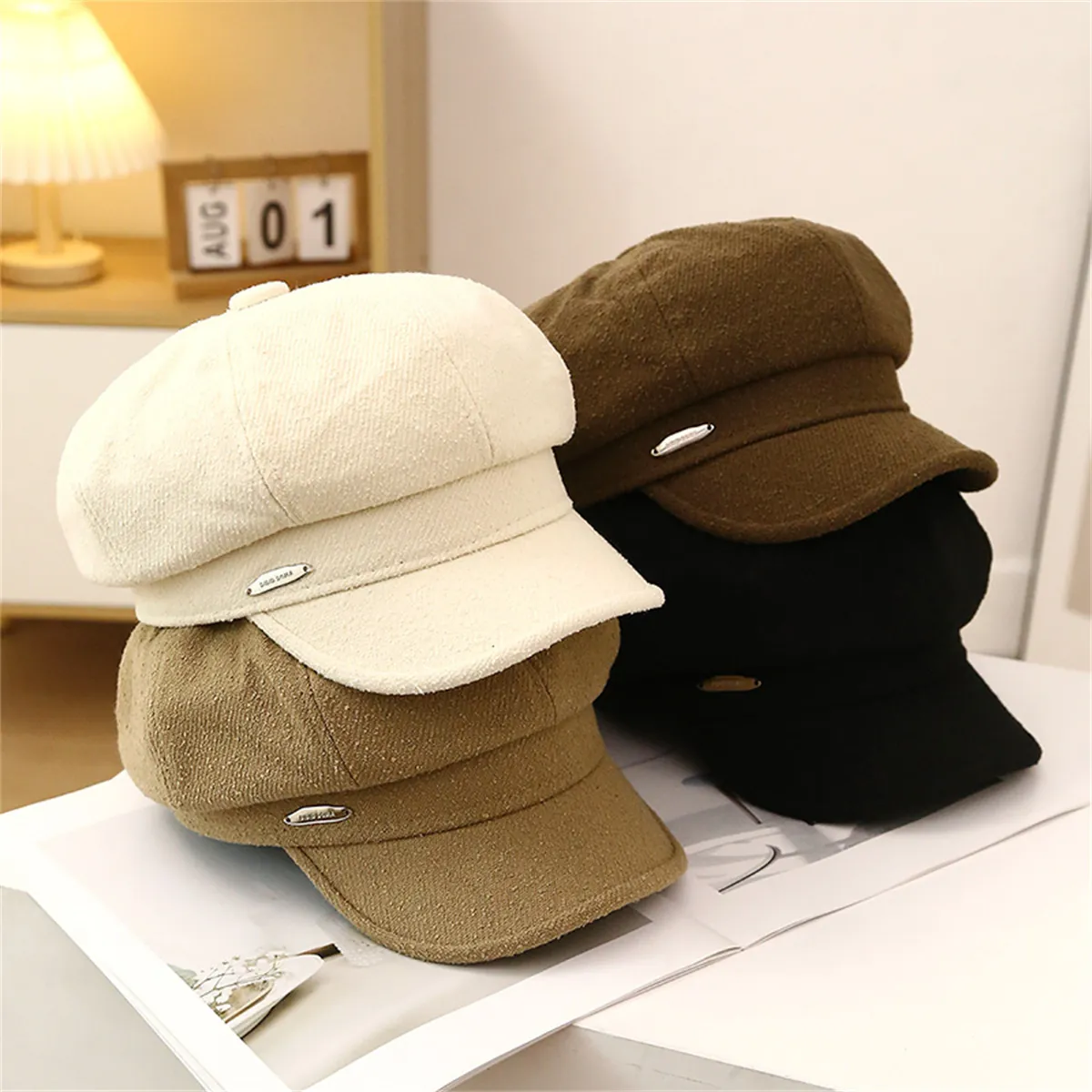 Cappello Newsboy Retrò Da Donna Cappello Ottagonale In Tweed Caldo Autunno Inverno Pittore Con Targhetta In Metallo Regolabile