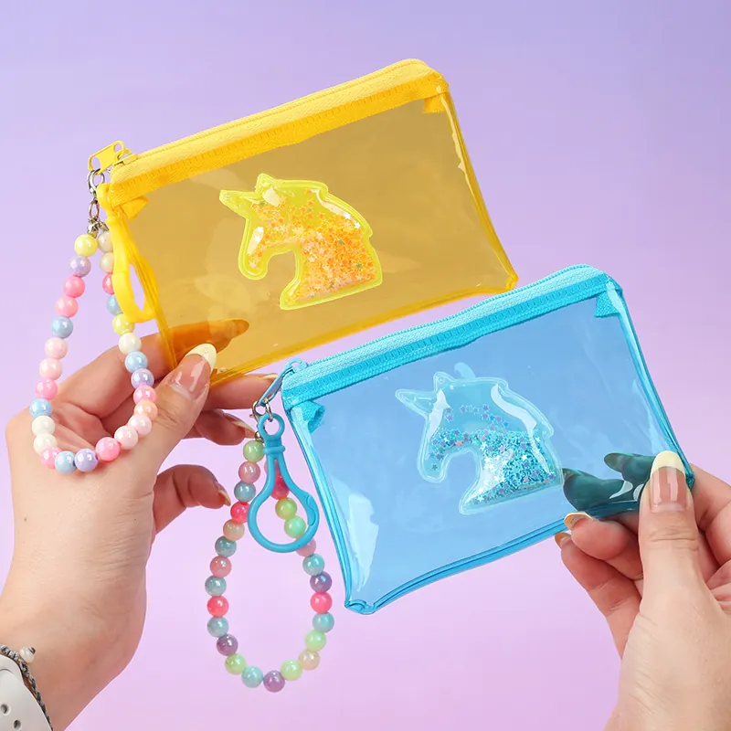 Unicorn Quicksand Coin Purse Transparent PVC Cute Cartoon Wallet With Beaded Hand Strap Sequin Zipper Pouch Gift