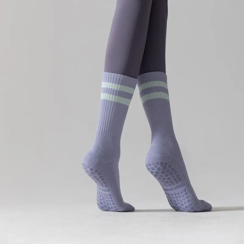 Chaussettes De Yoga Femmes Coton Peigné Antidérapant Grips Silicone Mi-Mollet Rayures Athlétique Pilates