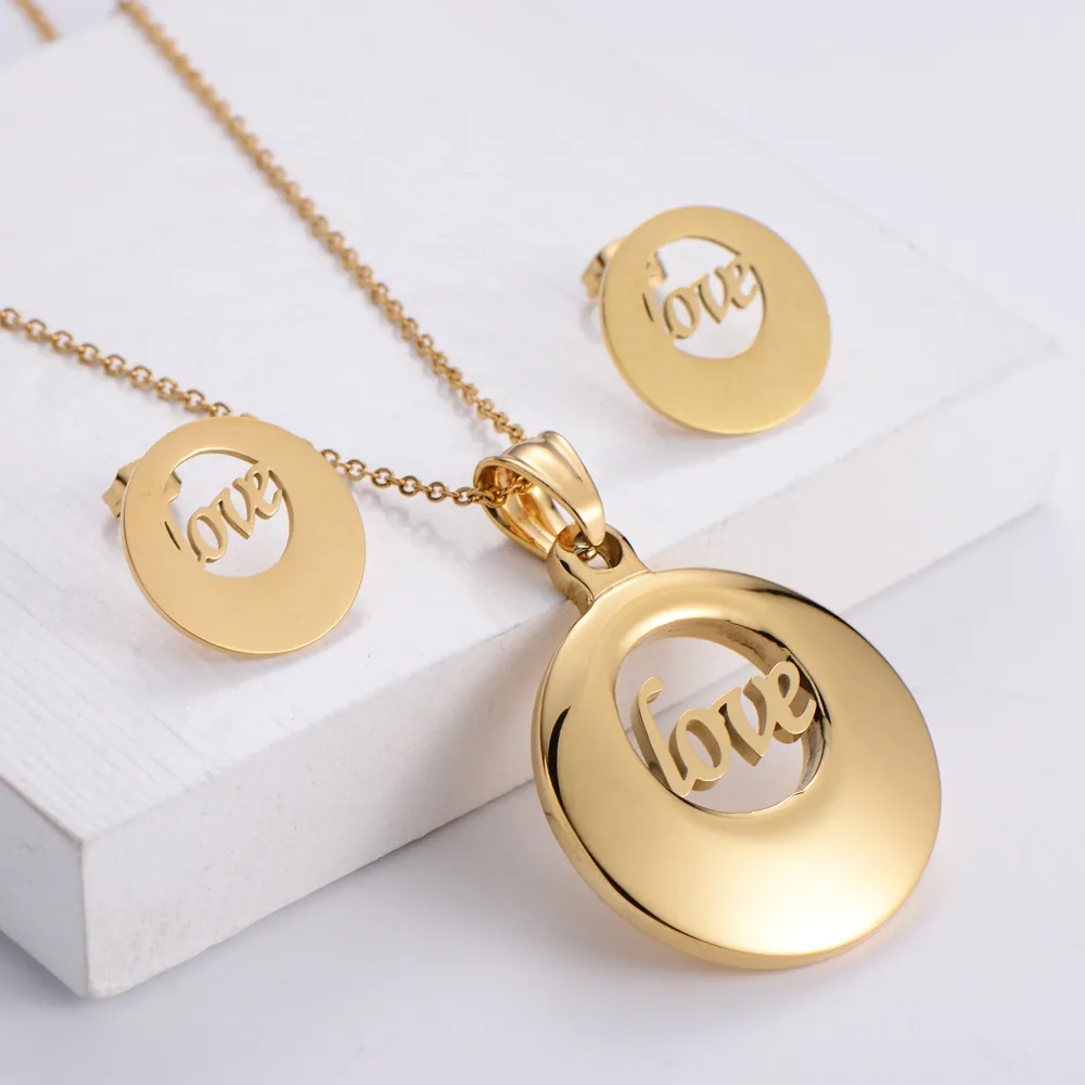 Minimalist 18K Gold Plated Stainless Steel Hollow Round Love Pendant Necklace And Stud Earrings For Women Fashion Jewelry