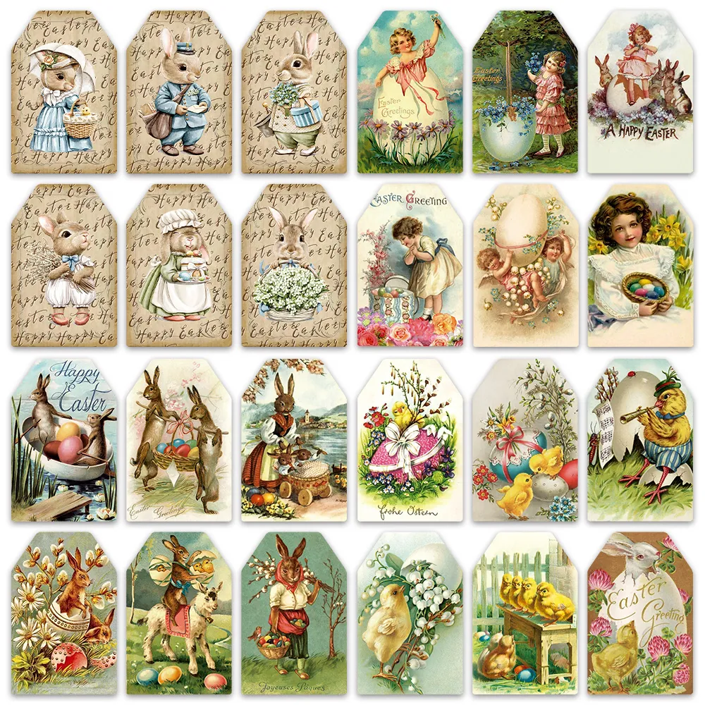 Easter Gift Tags Vintage Paper Hanging Label With Hemp Rope For Holiday Party Decoration Retro Illustration Rabbit Egg Style