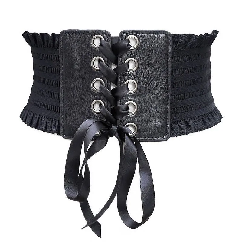 Women Wide Corset Belt PU Leather Elastic Waist Cinch Lace Up Bow Decorative Slimming Vintage Ruffle Accessories