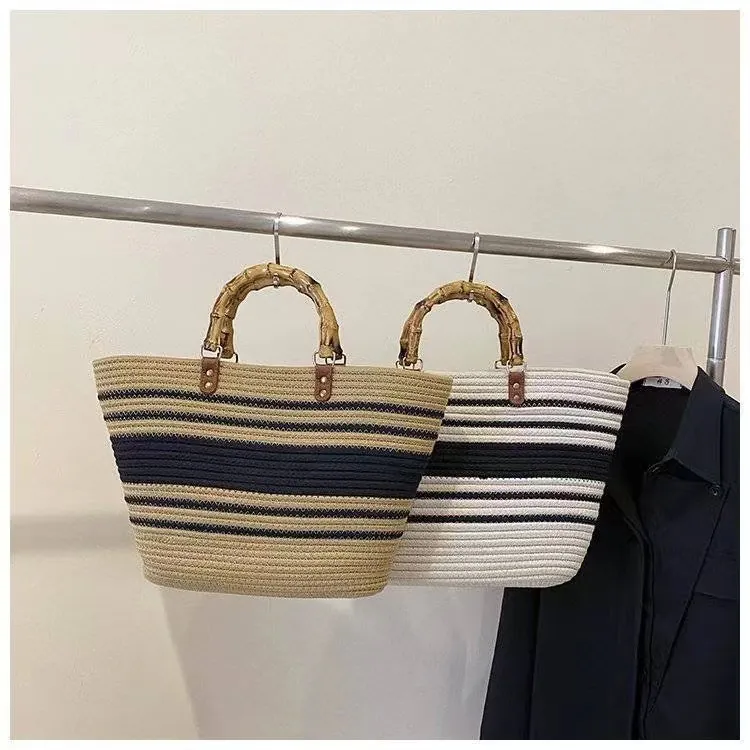Woven Straw Cotton Tote Handbag With Bamboo Handle Striped Beach Vacation Vintage Women