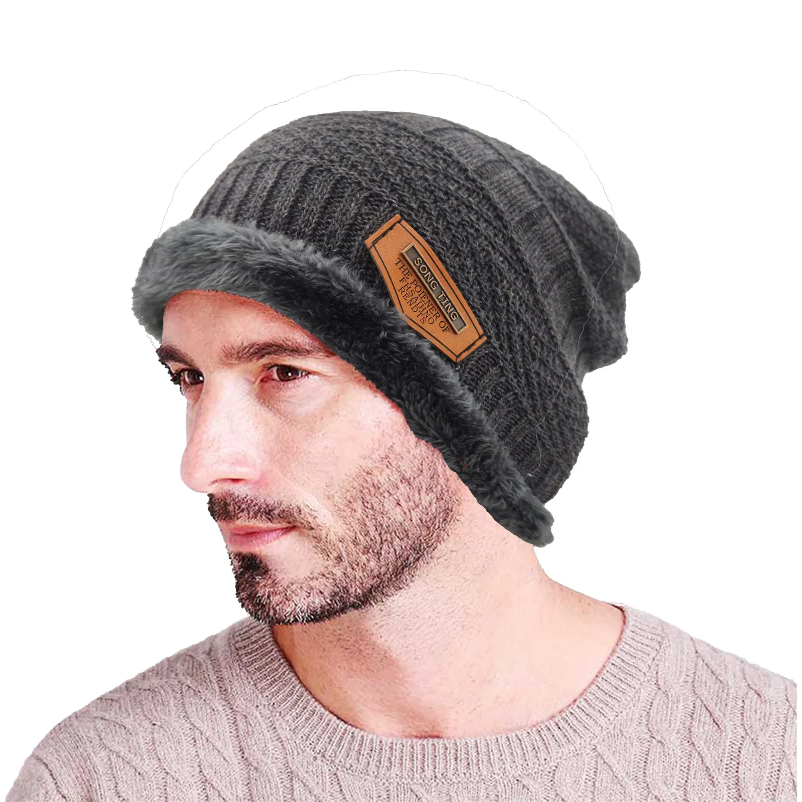 Bonnet Beanie Hiver Tricoté Polyester Doublé Fausse Fourrure Épais Chaud Protection Oreilles Patch Cuir Homme Femme