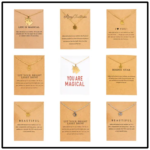 Stainless Steel Pendant Necklace With Inspirational Wish Card Unicorn Heart Bow Sun Snowflake Star Texas Map Animal Charm Jewelry For Women Gift