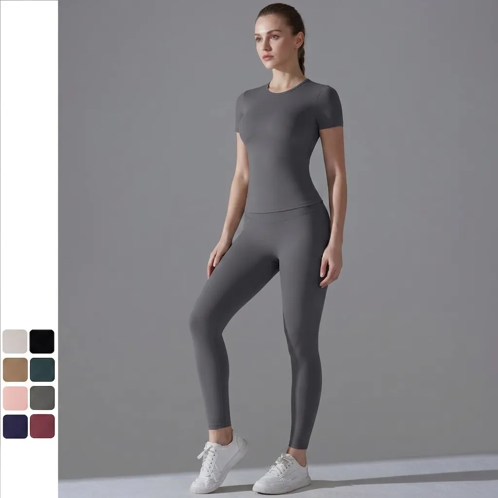 Completo Yoga da Donna Sopra E Sotto Vestibilità Aderente Maglia Fitness Manica Corta Leggings a Vita Alta Asciugatura Rapida