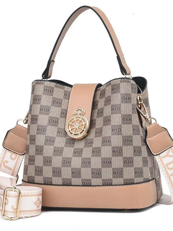 Borsa A Secchiello Da Donna In Pelle PU Stampa Monogramma A Quadri Borsa A Tracolla Con Tracolla Larga Moda Retrò