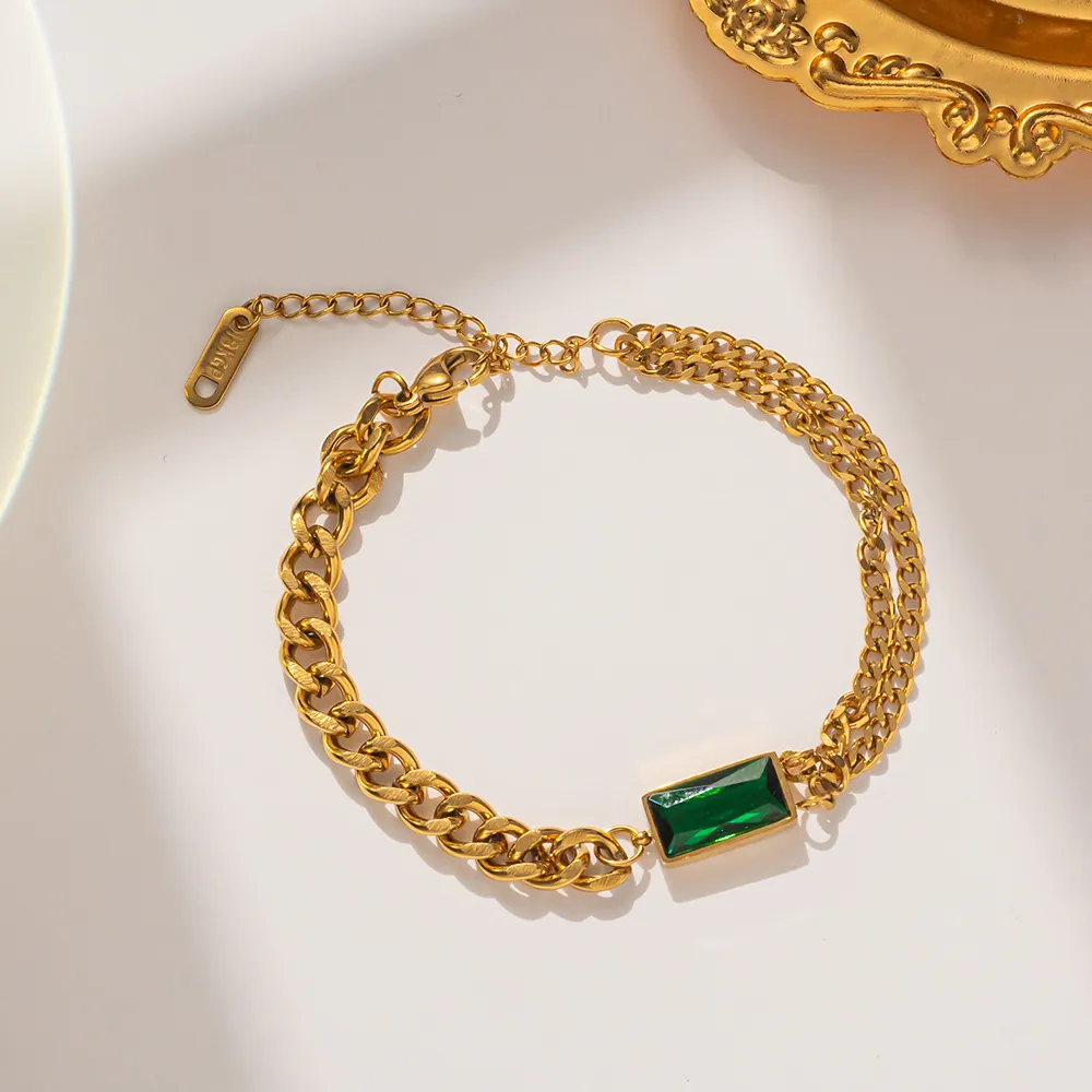Vintage Gold Plated Titanium Steel Bracelet Rectangular Green Rhinestone Geometric Spliced Chain Jewelry For Women Gift