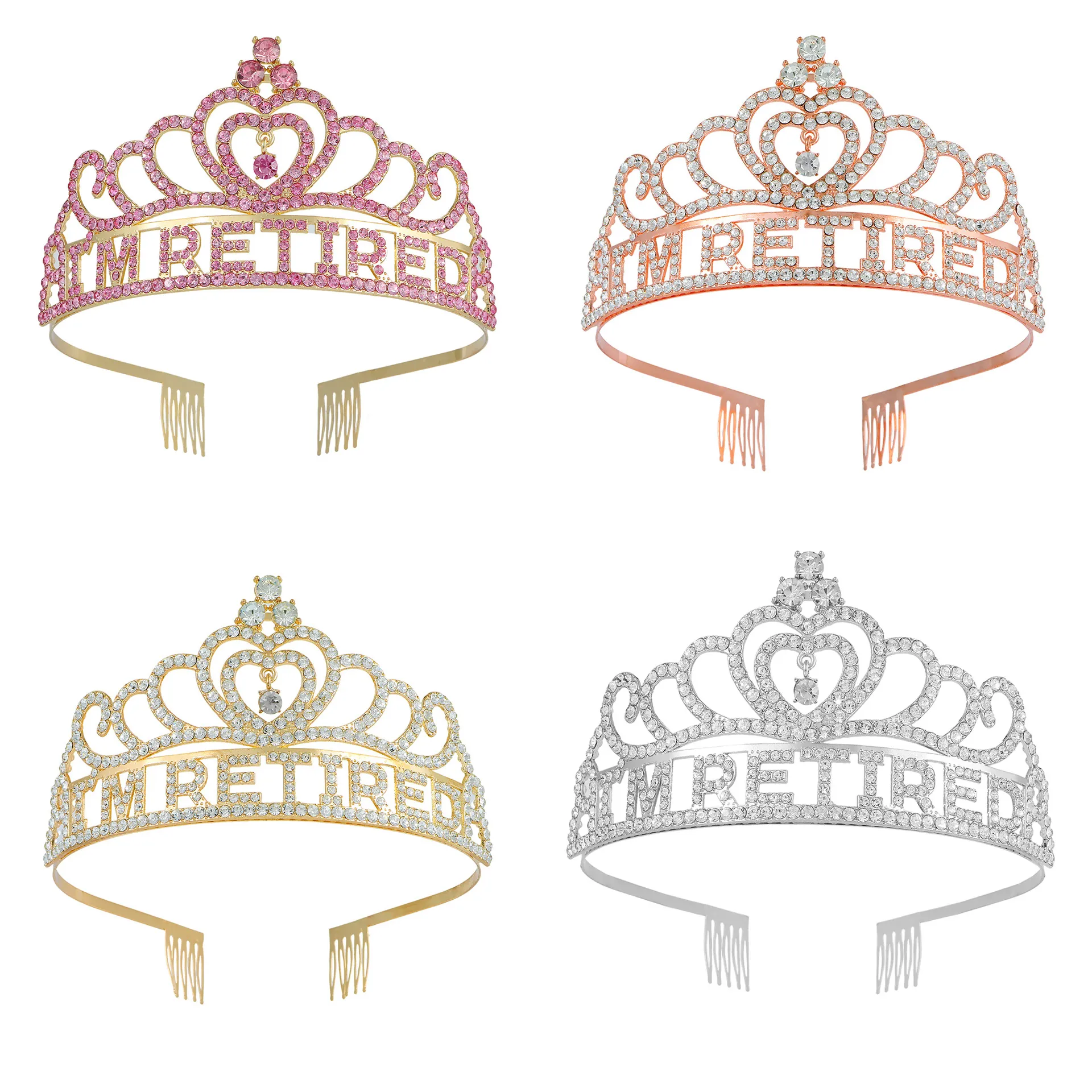 I'M RETIRED Tiara Crown Alloy Rhinestone Heart Design With Combs For Retirement Party Women Celebration Accessory