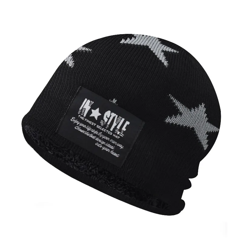 Beanie Hat Knit Wool Star Pattern Fleece Lined Winter Warm Thermal Ear Protection Pullover Skull Cap Casual Fashion