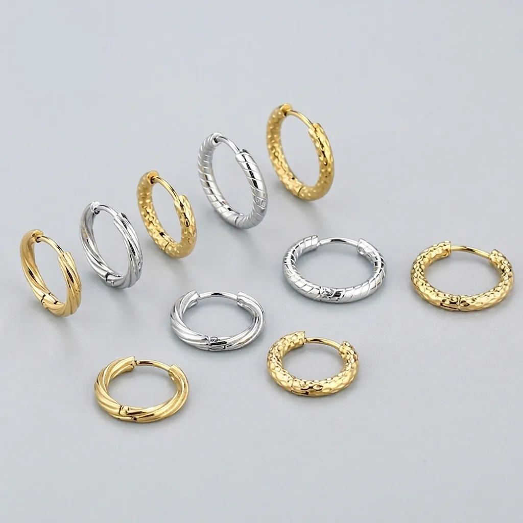 Stainless Steel Hoop Earrings Twisted Hammered Textured Geometric Huggie Earrings For Men Women Fashion Jewelry