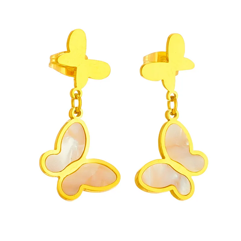 Butterfly Dangle Earrings Stainless Steel Mother Of Artificial Pearl Inlay Gold Plated Elegant Tassel Studs For Women Jewelry Gift
