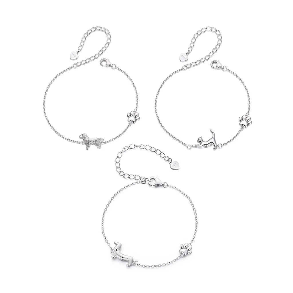 Cute Dachshund Dog Cat Animal Silhouette Charm Bracelet 925 Sterling Silver Platinum Plated Paw Print Jewelry For Women
