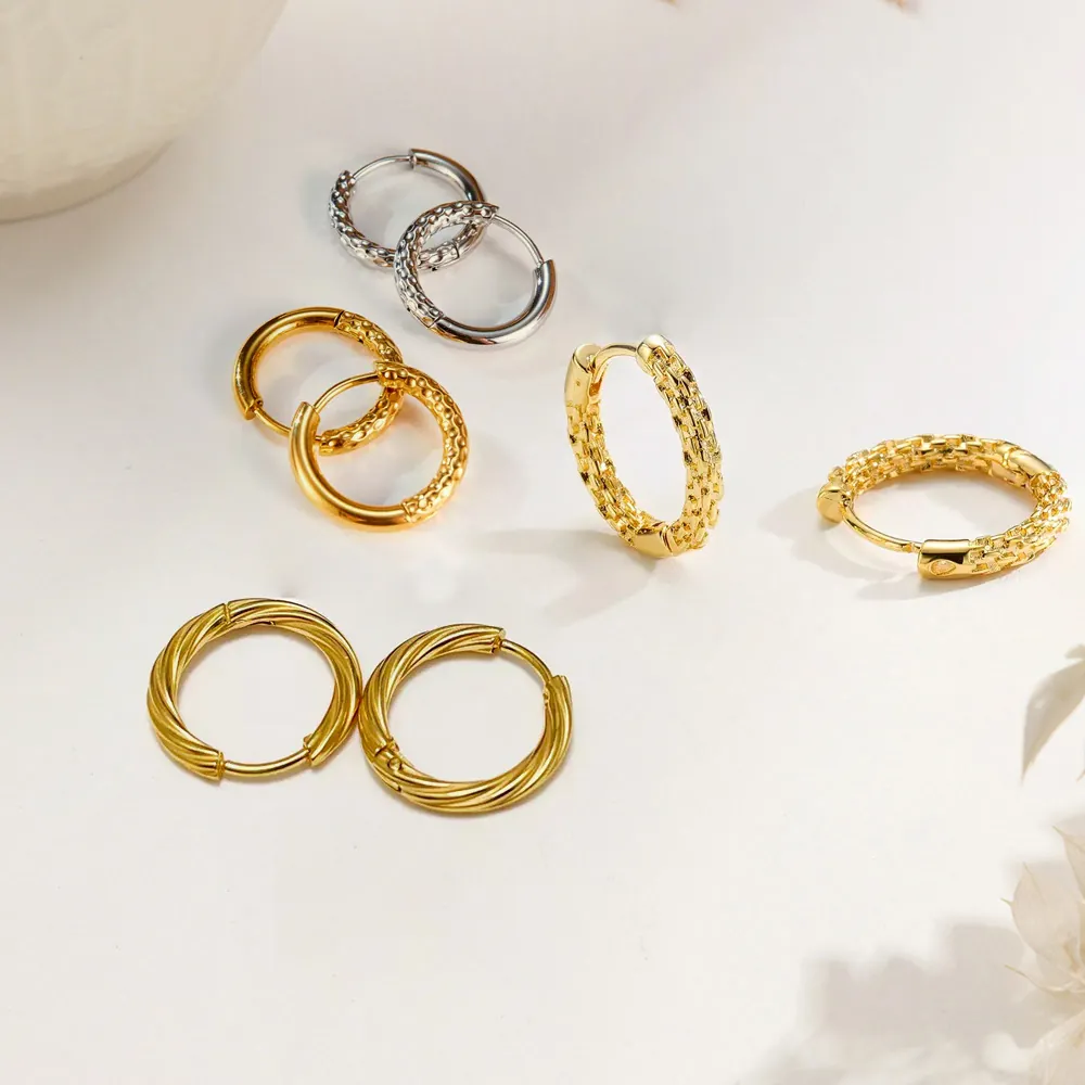 Titanium Steel Hoop Earrings Gold Plated Hammered Texture Twisted Geometric Chunky Ear Buckles Minimalist Jewelry For Women