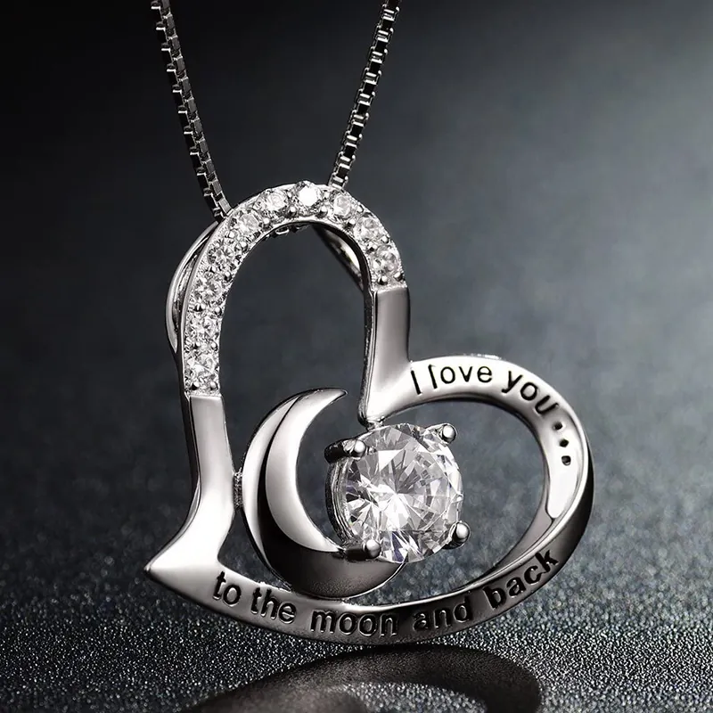 925 Sterling Silver Heart Moon Pendant Necklace I Love You To The Moon And Back Rhinestone Engraved Fashion Jewelry Gift For Women