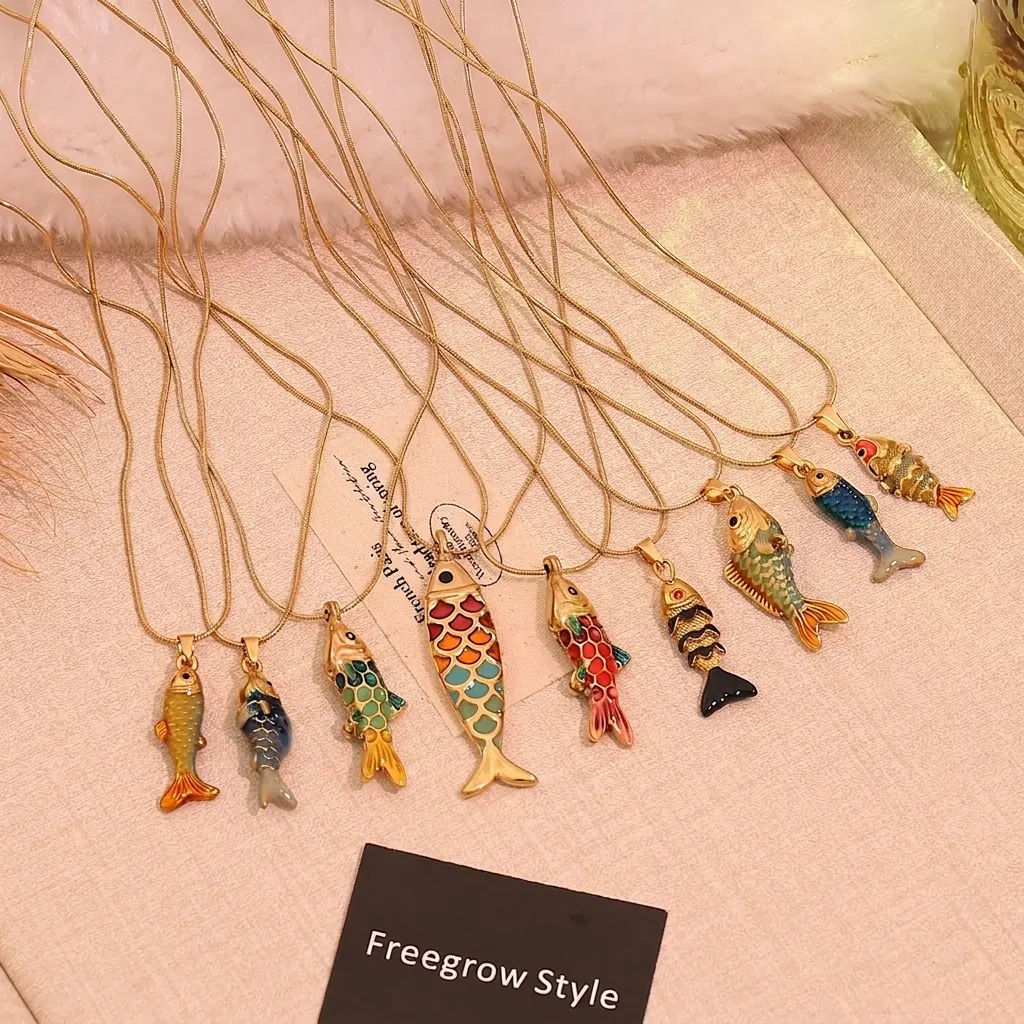 Koi Fish Pendant Necklace Vintage Colorful Enamel Stainless Steel Snake Chain Jewelry For Women Retro Elegant