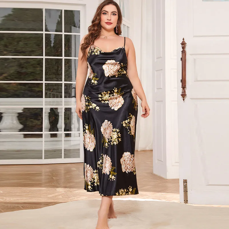 Plus Size Floral Print Nightgown Imitation Satin Satin Spaghetti Strap V-Neck Maxi Sleepwear For Women Long Loungewear