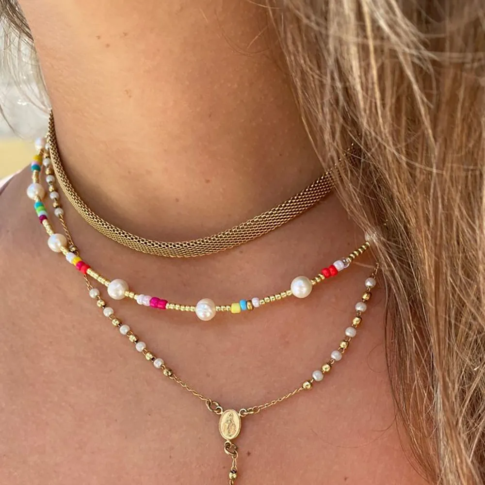 Handmade Natural Freshwater Pearl Colorful Glass Seed Bead Choker Necklace 18K Gold Plated Statement Necklace For Women