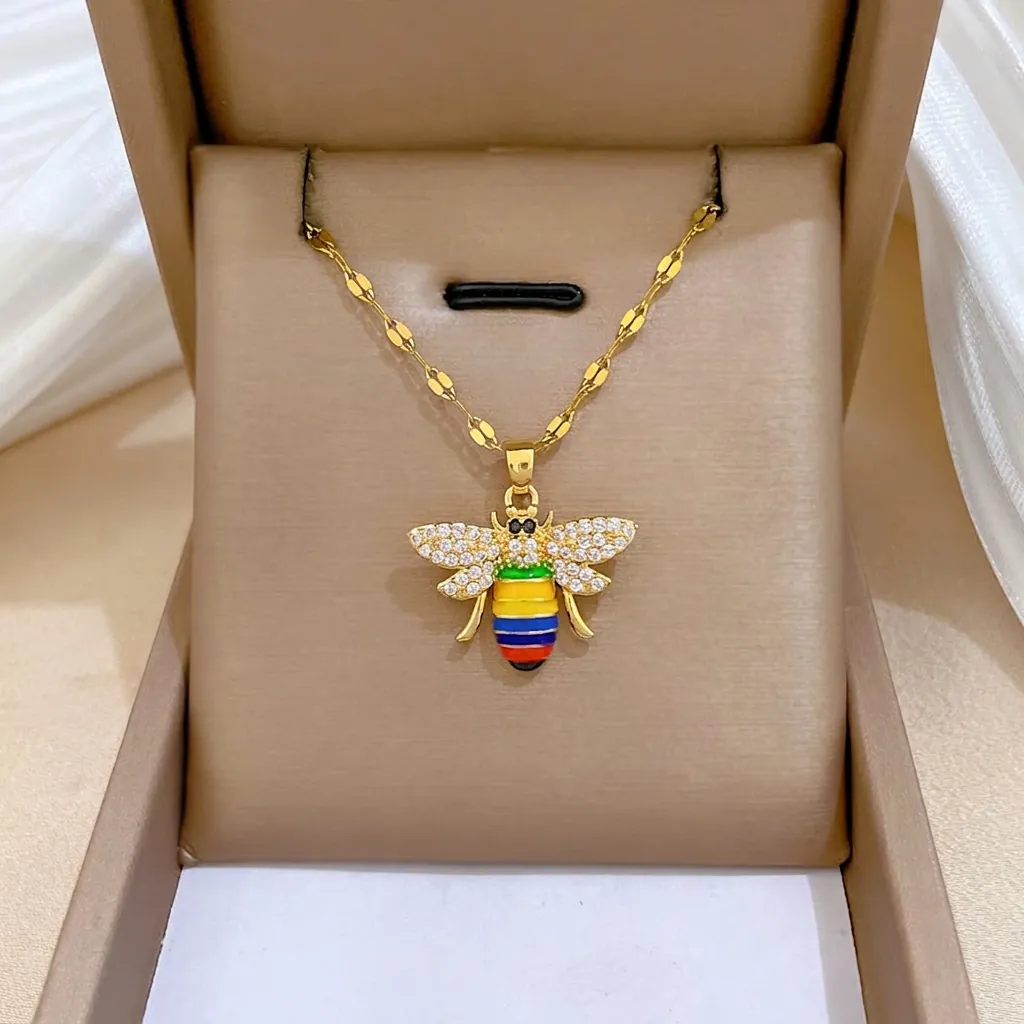 Bee Pendant Necklace Stainless Steel Chain Enamel Rainbow Striped Copper Cubic Zirconia Gold Plated Elegant Jewelry