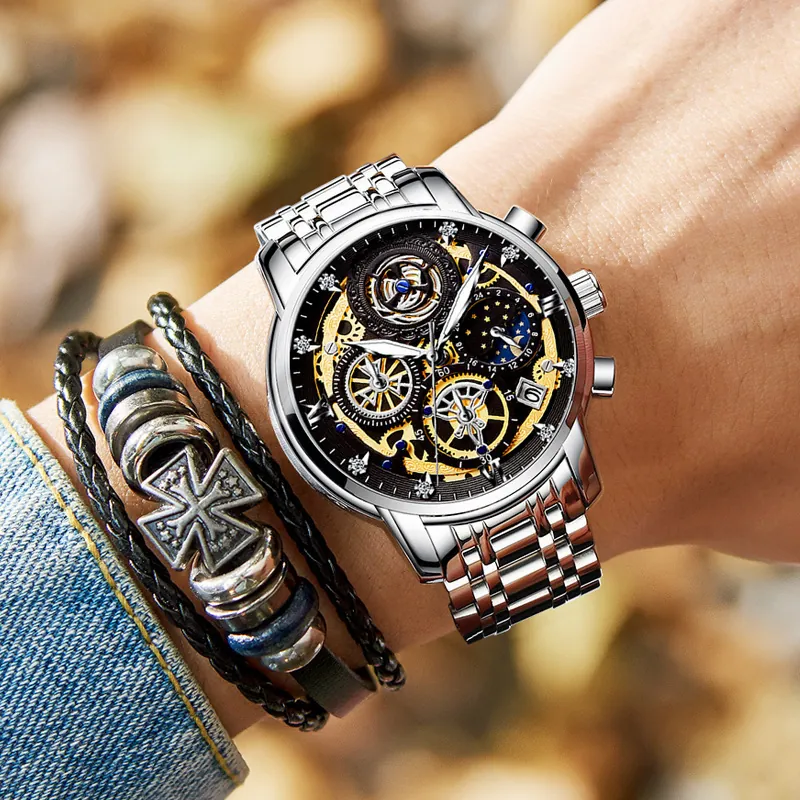 Luxury Men Skeleton Quartz Watch Waterproof Luminous Chronograph Moon Phase Alloy Case Stainless Steel Band Fashion Wristwatch