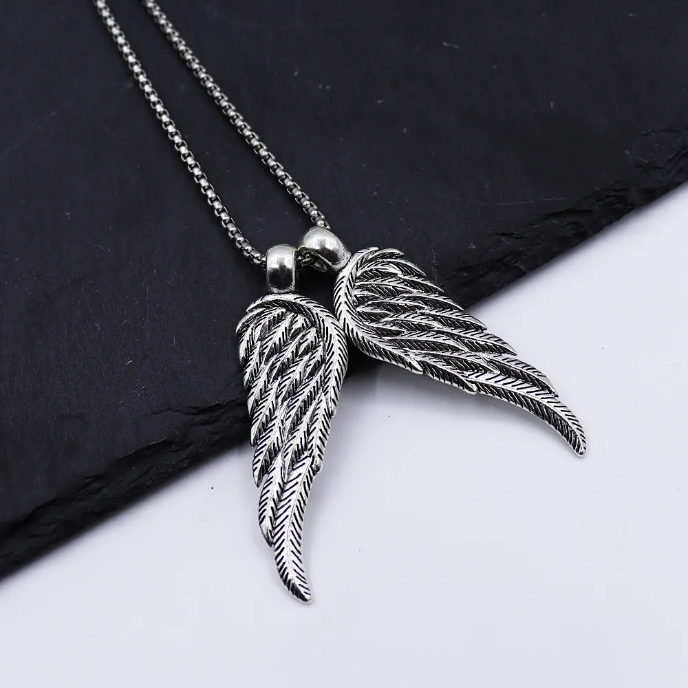 Retro Alloy Angel Wings Pendant Necklace Punk Gothic Style Jewelry For Men And Women Silver Color Box Chain