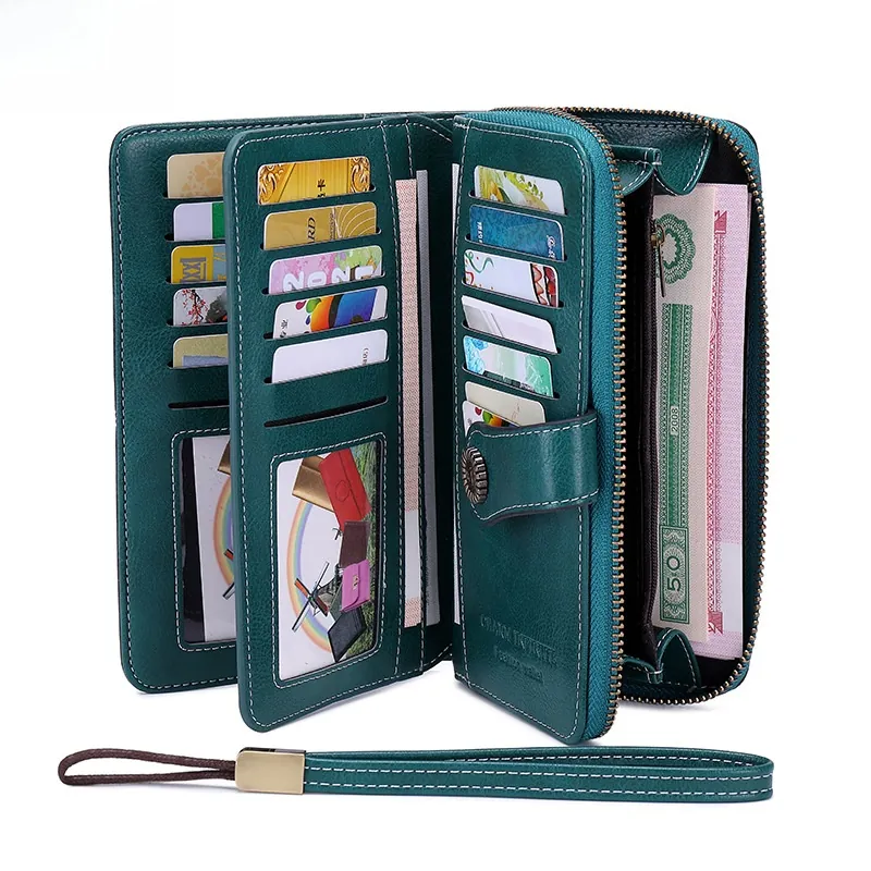 Women Vintage RFID Blocking Long Wallet PU Leather Large Capacity Zipper Purse Clutch With Multiple Card Slots Wristlet Strap