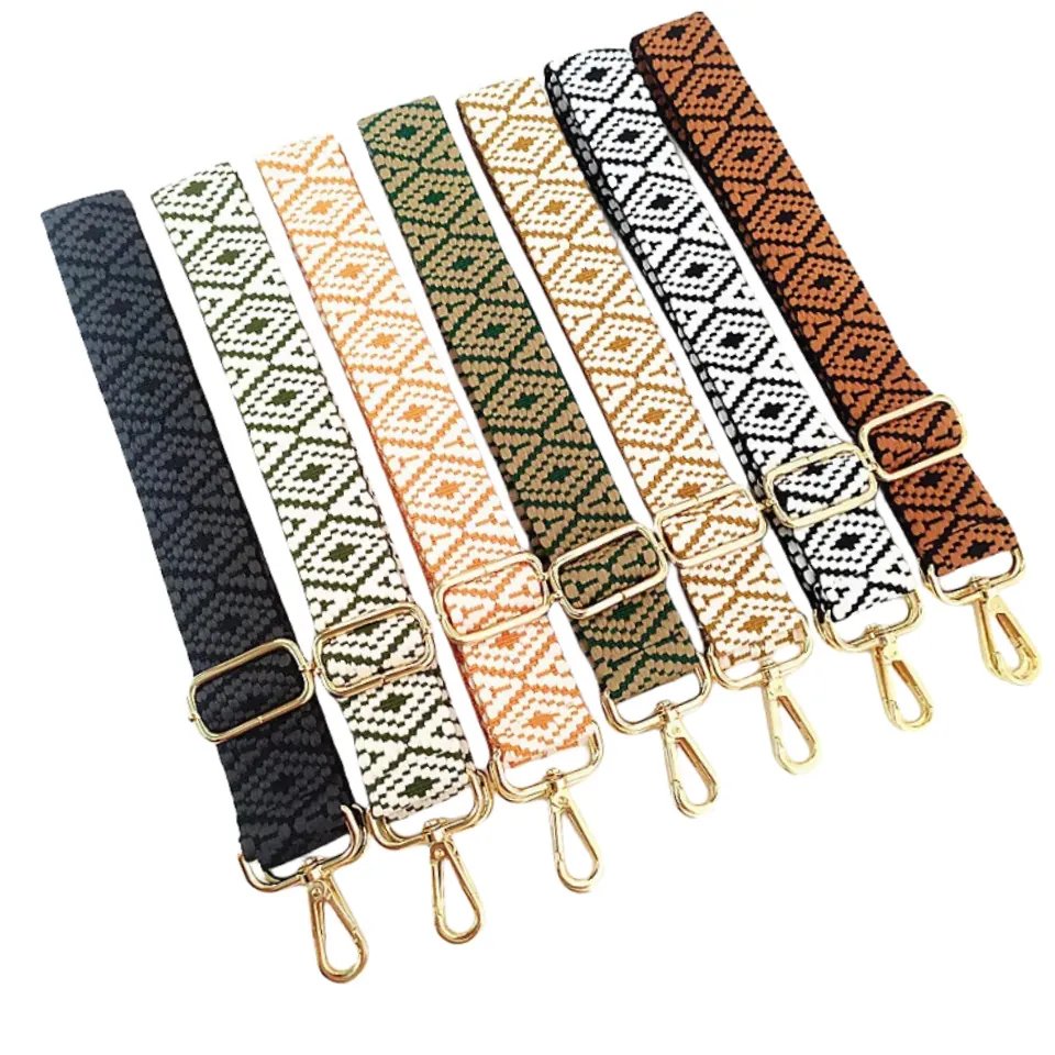Adjustable Bag Shoulder Strap Wide Polyester Woven Replacement Belt Ethnic Geometric Diamond Embroidery Crossbody Metal Buckles