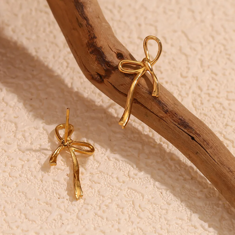 Bow Knot Stud Earrings 18K Gold Plated Stainless Steel Irregular Sweet Minimalist French Style Fashion Jewelry For Women