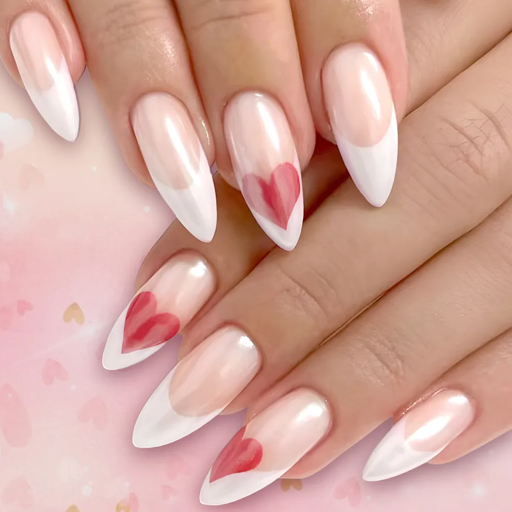 Unghie Finte French Tip Mandorla Lucide Motivo Cuore Rosso Rosa Nude Plastica Unghie Artificiali Per Donna Stile Dolce Romantico