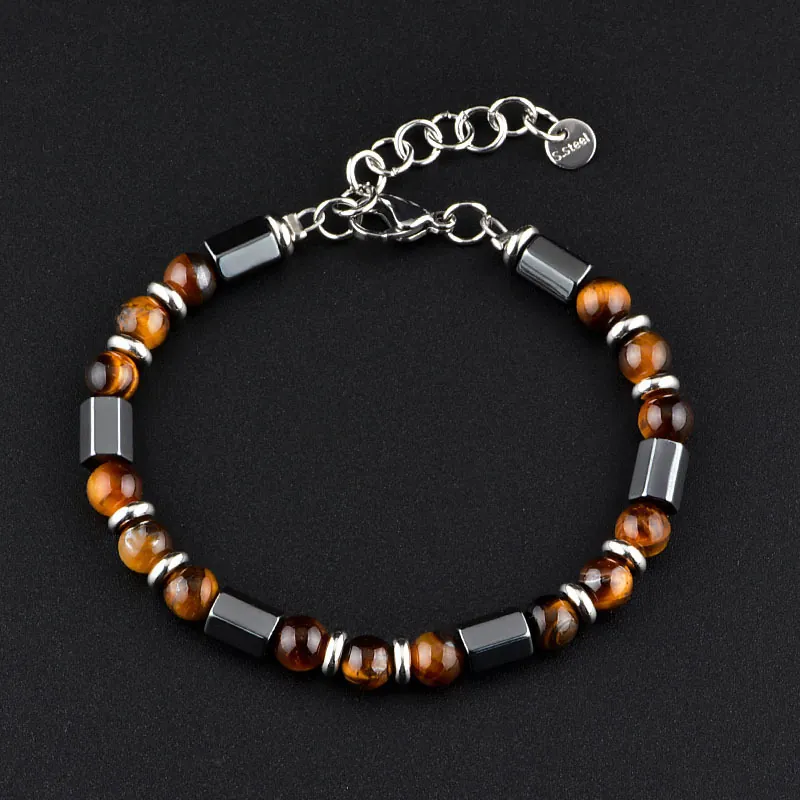 Bracelet Perlé En Œil De Tigre Et Hématite Acier Inoxydable Chaîne D'extension Réglable Bijoux De Mode Unisex