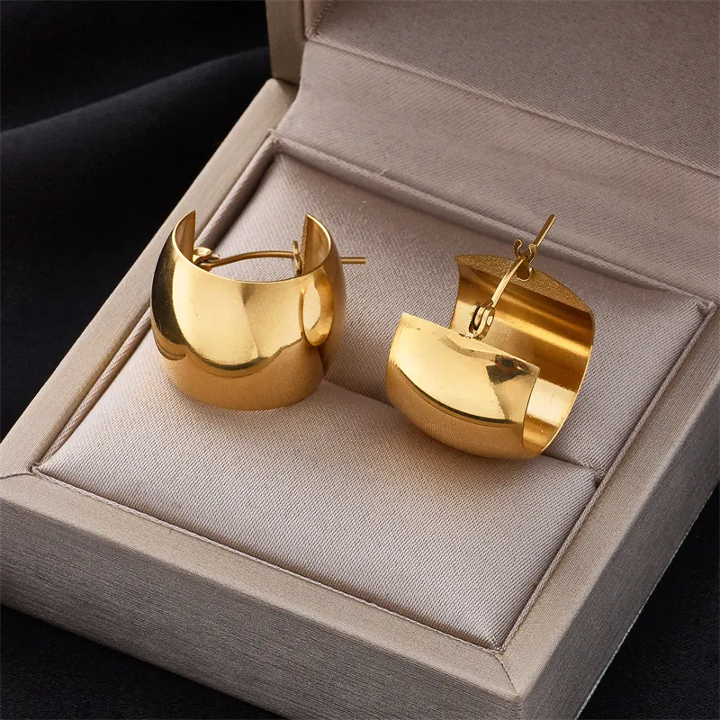 Minimalist Titanium Steel Chunky C-Shaped Hoop Earrings For Women Mirror Polish Geometric Metal Statement Ear Jewelry