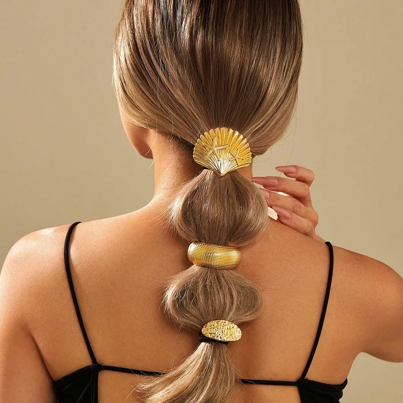 Metal Gold Hair Ties For Women Geometric Elastic Hair Bands High Elasticity Hammered Shell Decorative Headpieces Daily Vacation