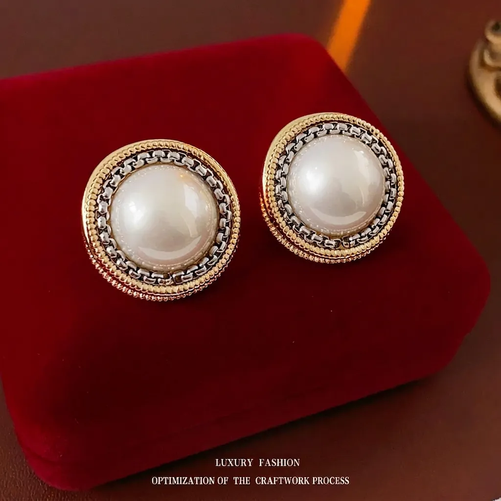 Boucles D'Oreilles Vintage Rondes En Künstliche Perles Avec Tige En Argent Alliage Bicolore Or Argent Texturé Baroque Palais Femmes