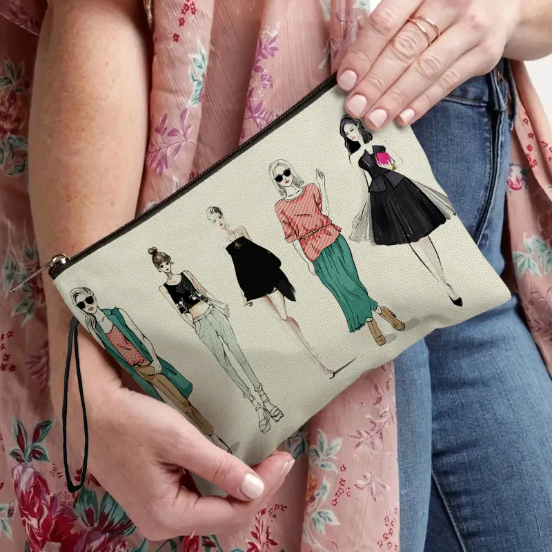 Trousse De Maquillage En Lin Imprimé Fille À La Mode Organisateur De Toilette De Voyage Avec Fermeture Éclair