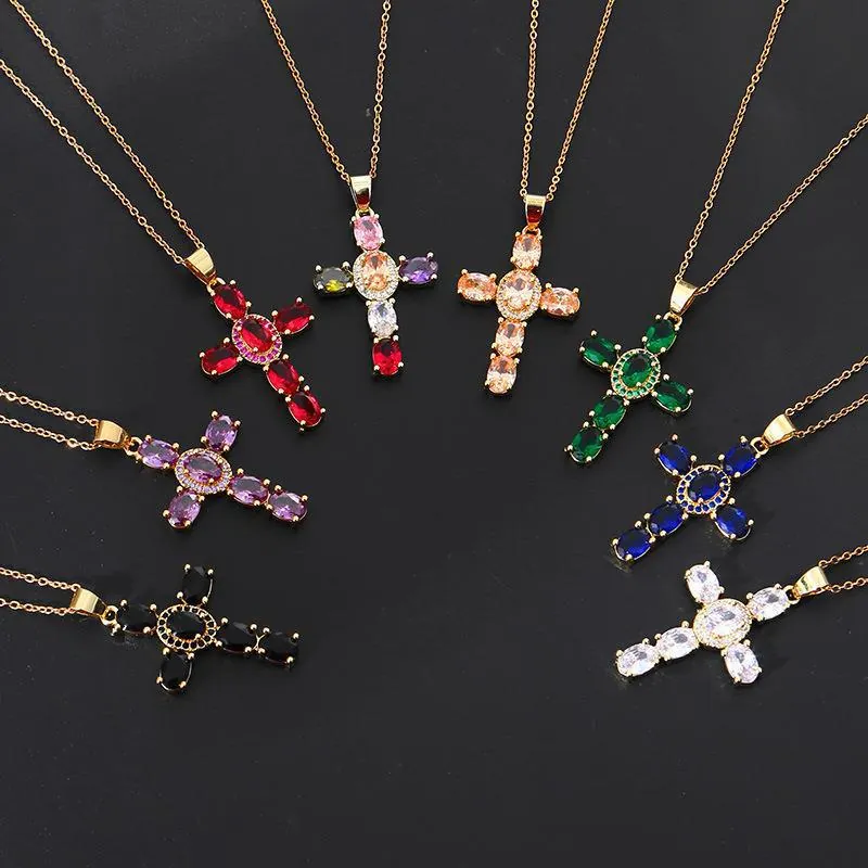 Cross Pendant Necklace Copper Zirconia Real Gold Plated Luxury Dainty Jewelry Religious Style For Women Men