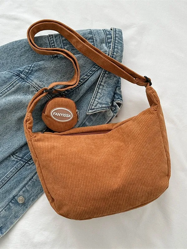 Women Corduroy Shoulder Bag With Detachable Round Coin Purse Casual Hobo Crossbody Bag Japanese Style Retro