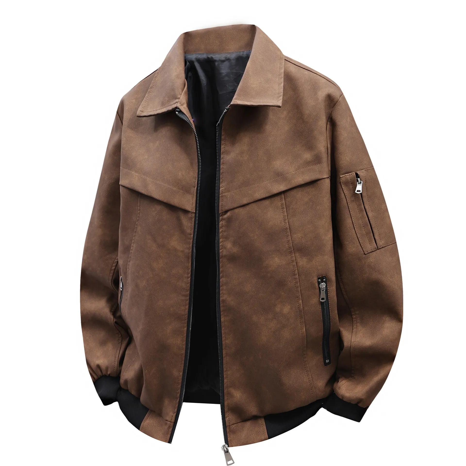 Herren Casual Kunstlederjacke Vintage Bomber Outerwear Mit Rippbündchen Und Reißverschlusstaschen Fashion Reversmäntel